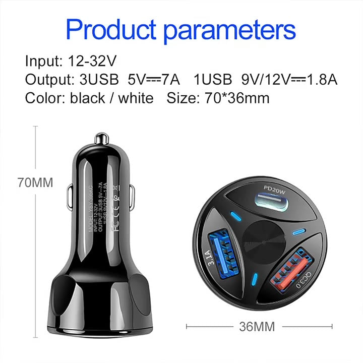Carregador Veicular Turbo USB 3.0 USB-c USB 3.1A Carregamento Rapido 55w