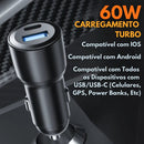 Carregador Veicular Turbo 60W USB + TIPO C Para Android e IOS Carregamento Rápido A’GOLD
