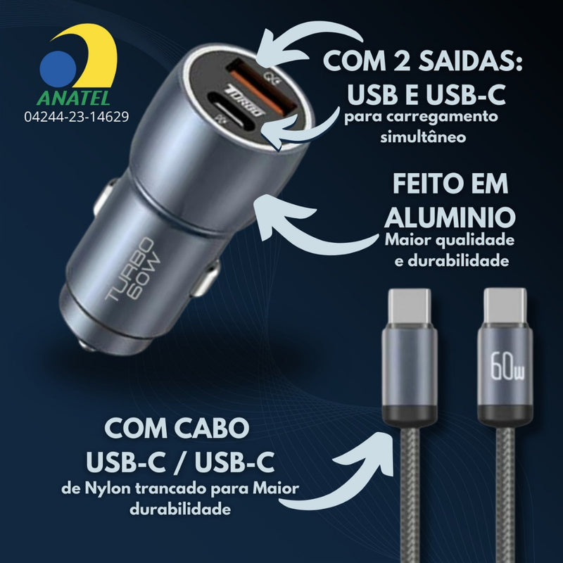 Carregador Veicular Turbo 60W USB + TIPO C Para Android e IOS Carregamento Rápido A’GOLD
