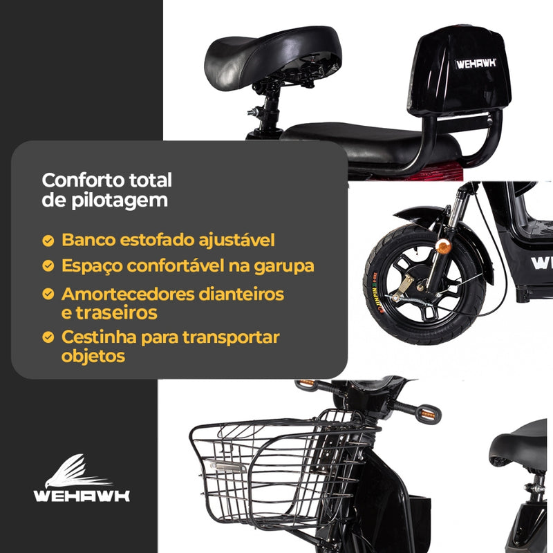 Bicicleta Elétrica 500W Scooter 32km/h Sem Carteira WeHawk Basket Modelo 2025