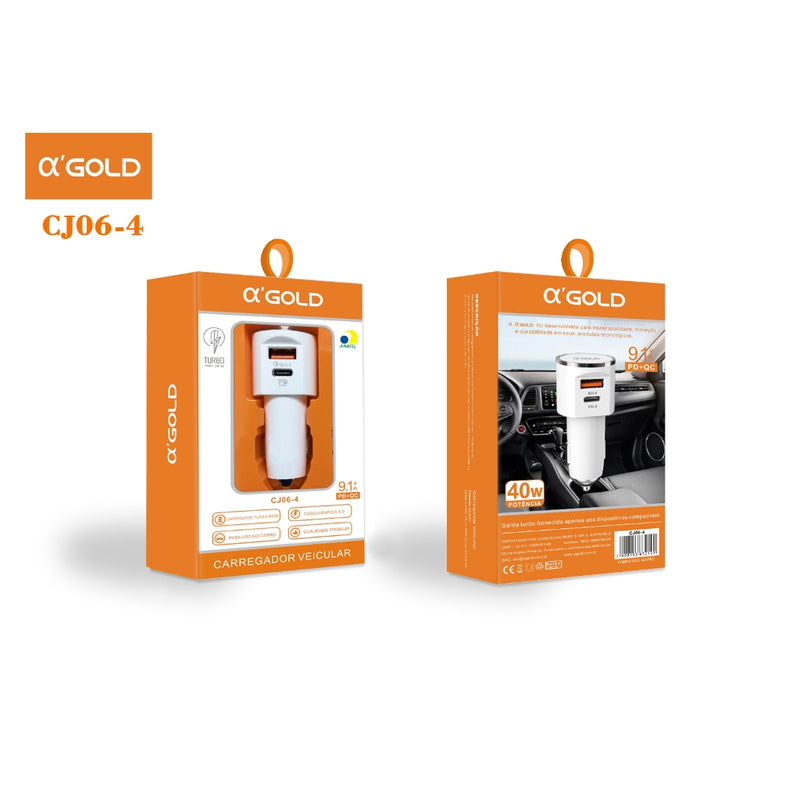 A'Gold CJ06-4 Carregador de Carro Turbo PD 3 Tipo-C USB Carga Rapida 9.1A USB-C Veicular 60W