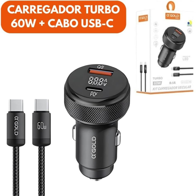 Carregador Veicular Turbo 60W USB + TIPO C Para Android e IOS Carregamento Rápido A’GOLD