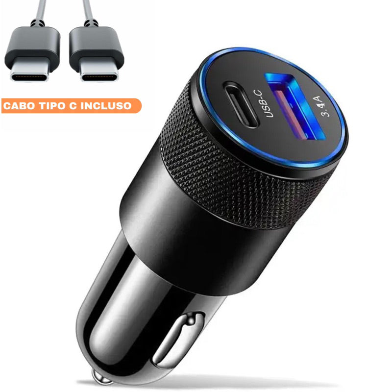 Carregador Veicular USB C + USB 3.4A Turbo Carregamento rápido/Universal