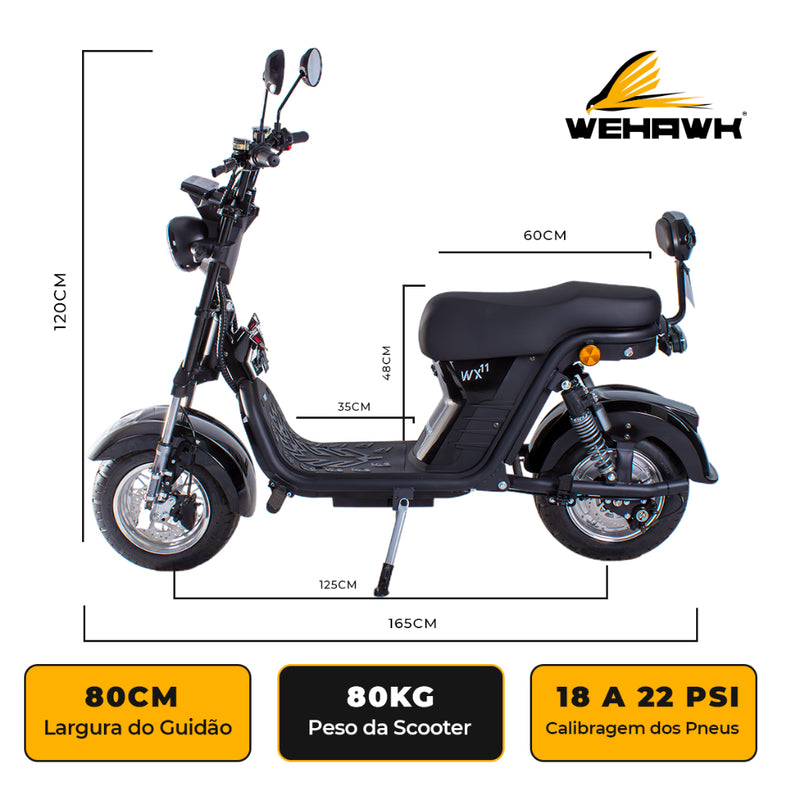 Scooter Bicicleta Elétrica com Bateria 60V WeHawk WX-11 1000W  2 Lugares e Cores Diversas